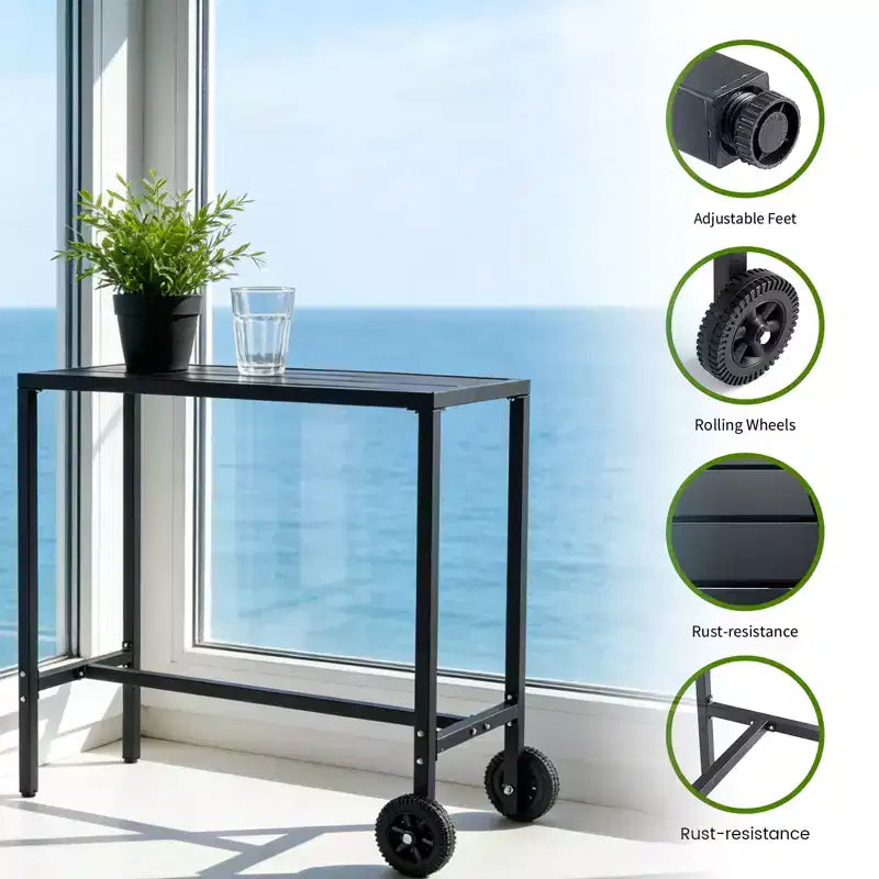 Mobile Outdoor Bar Table with Wheels  Waterproof Metal Top, Adjustable Leveling Feet, Sturdy Counter Height for Patio,Yard, Poolside  Black, 39Inch