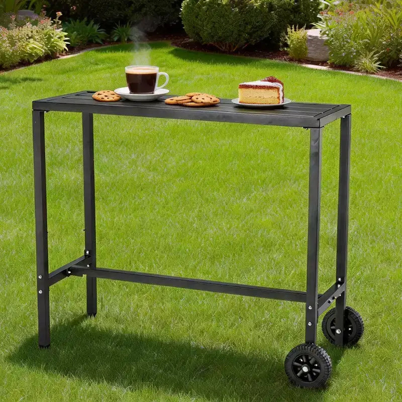 Mobile Outdoor Bar Table with Wheels  Waterproof Metal Top, Adjustable Leveling Feet, Sturdy Counter Height for Patio,Yard, Poolside  Black, 39Inch