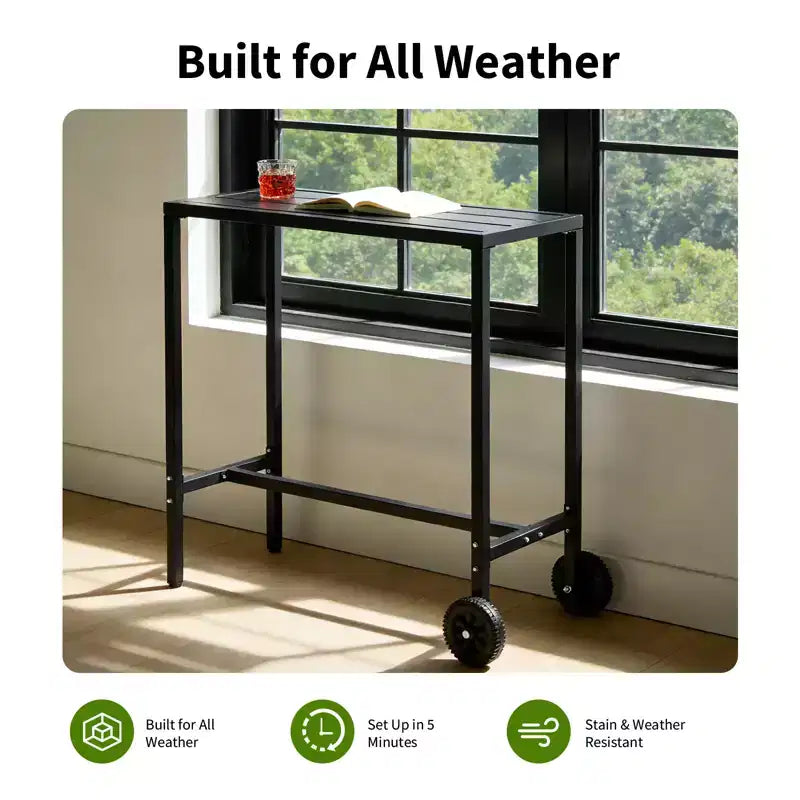 Mobile Outdoor Bar Table with Wheels  Waterproof Metal Top, Adjustable Leveling Feet, Sturdy Counter Height for Patio,Yard, Poolside  Black, 39Inch