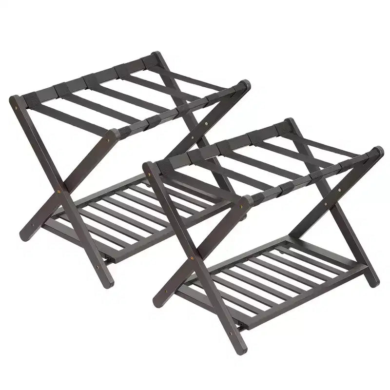 2-Pack Folding Bamboo Luggage Rack with 2-Tier Shelf  Heavy-Duty Suitcase Stand for Guest Rooms &amp; Hotels