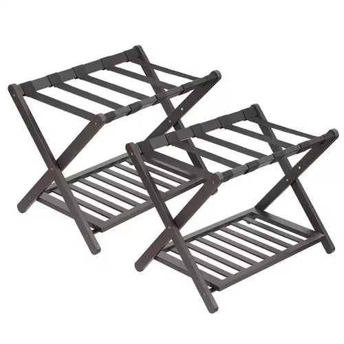 2-Pack Folding Bamboo Luggage Rack with 2-Tier Shelf  Heavy-Duty Suitcase Stand for Guest Rooms &amp; Hotels