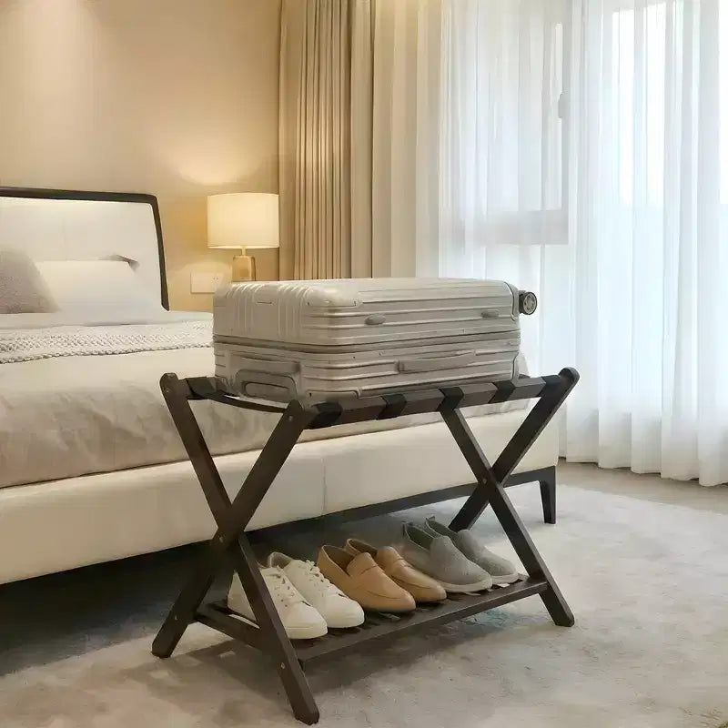 2-Pack Folding Bamboo Luggage Rack with 2-Tier Shelf  Heavy-Duty Suitcase Stand for Guest Rooms &amp; Hotels