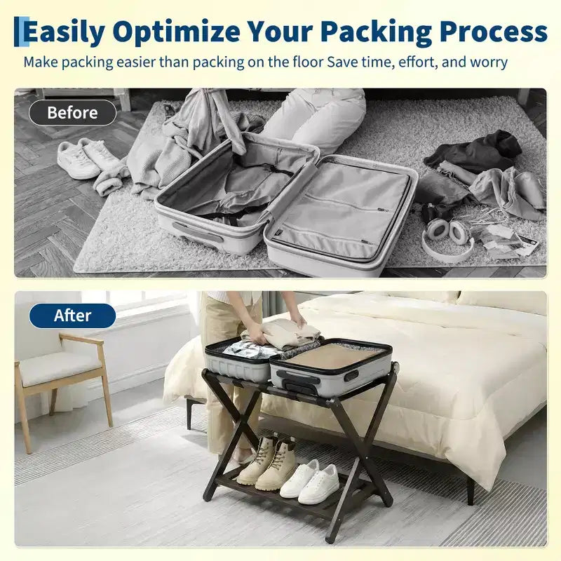 2-Pack Folding Bamboo Luggage Rack with 2-Tier Shelf  Heavy-Duty Suitcase Stand for Guest Rooms &amp; Hotels