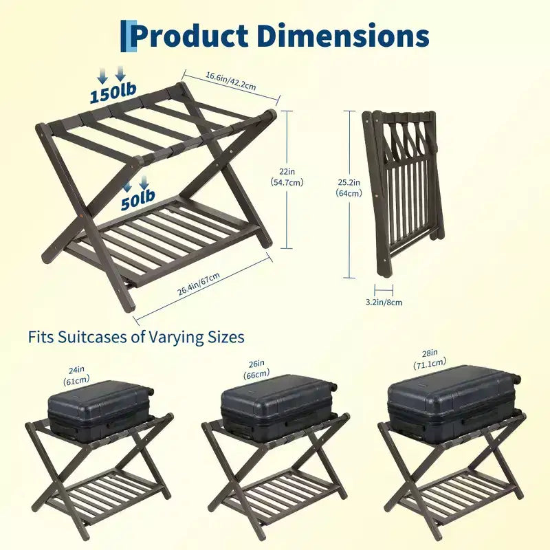 2-Pack Folding Bamboo Luggage Rack with 2-Tier Shelf  Heavy-Duty Suitcase Stand for Guest Rooms &amp; Hotels