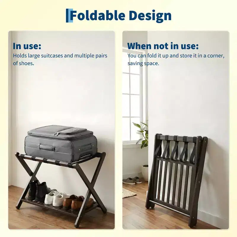 2-Pack Folding Bamboo Luggage Rack with 2-Tier Shelf  Heavy-Duty Suitcase Stand for Guest Rooms &amp; Hotels