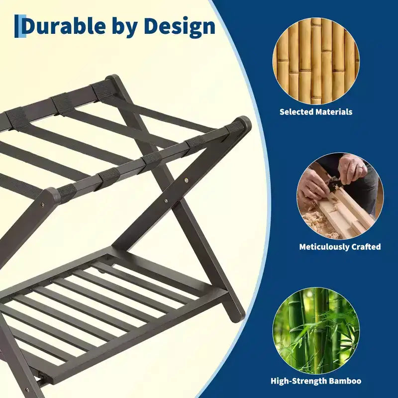 2-Pack Folding Bamboo Luggage Rack with 2-Tier Shelf  Heavy-Duty Suitcase Stand for Guest Rooms &amp; Hotels