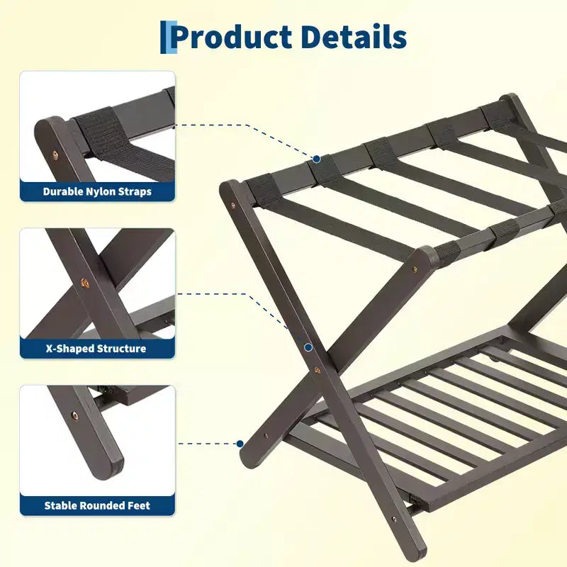2-Pack Folding Bamboo Luggage Rack with 2-Tier Shelf  Heavy-Duty Suitcase Stand for Guest Rooms &amp; Hotels
