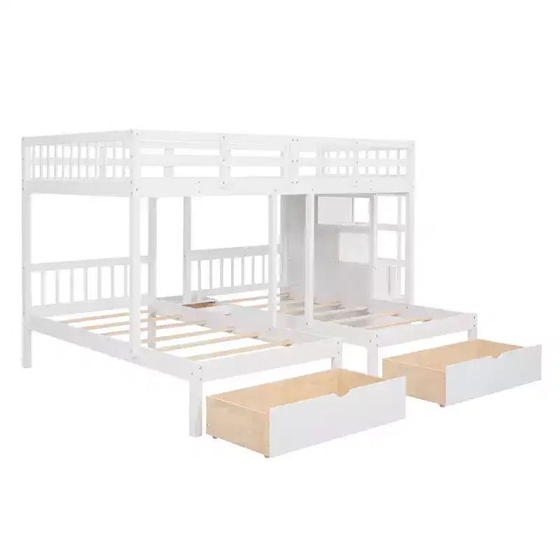 Full Over Twin and Twin Wooden Bunk Bed with 6 Drawers and Stair