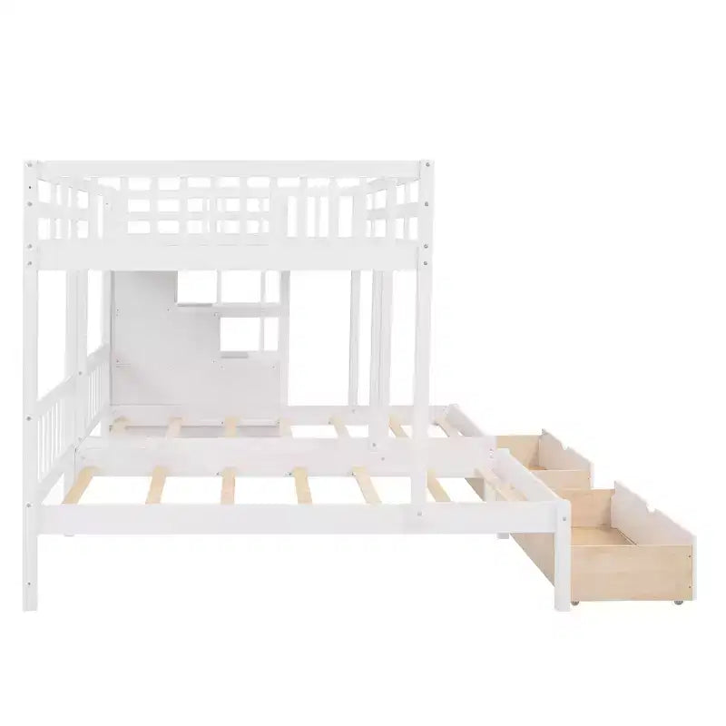Full Over Twin and Twin Wooden Bunk Bed with 6 Drawers and Stair