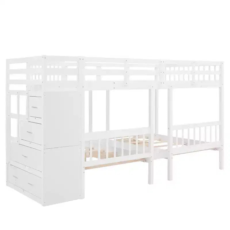 Full Over Twin and Twin Wooden Bunk Bed with 6 Drawers and Stair