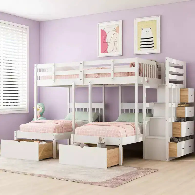 Full Over Twin and Twin Wooden Bunk Bed with 6 Drawers and Stair