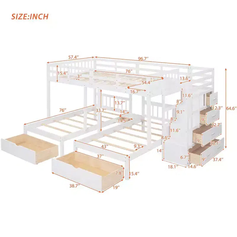 Full Over Twin and Twin Wooden Bunk Bed with 6 Drawers and Stair