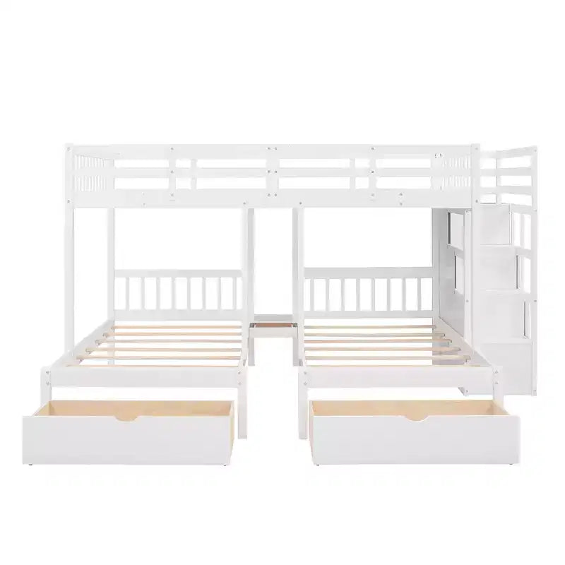 Full Over Twin and Twin Wooden Bunk Bed with 6 Drawers and Stair