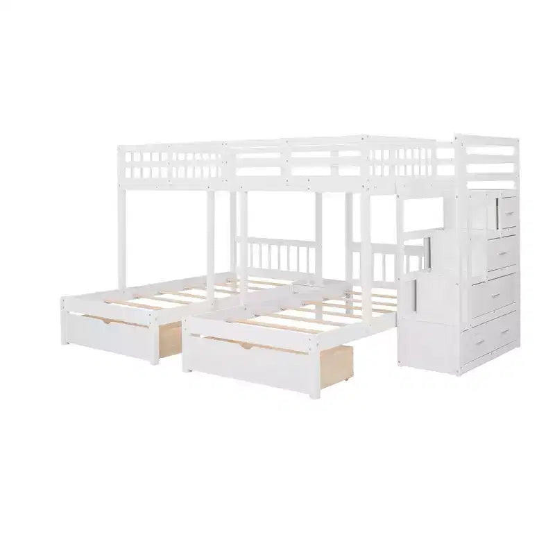 Full Over Twin and Twin Wooden Bunk Bed with 6 Drawers and Stair