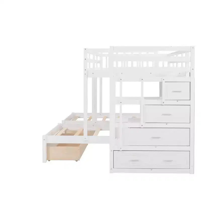 Full Over Twin and Twin Wooden Bunk Bed with 6 Drawers and Stair