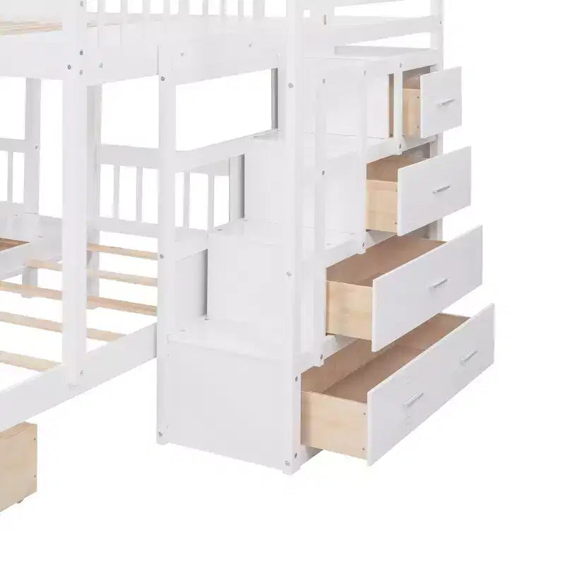 Full Over Twin and Twin Wooden Bunk Bed with 6 Drawers and Stair