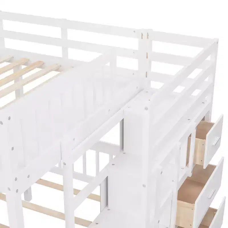 Full Over Twin and Twin Wooden Bunk Bed with 6 Drawers and Stair