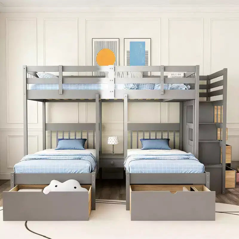 Luxystar Full Over Twin and Twin Wooden Bunk Bed with 6 Drawers and Stair