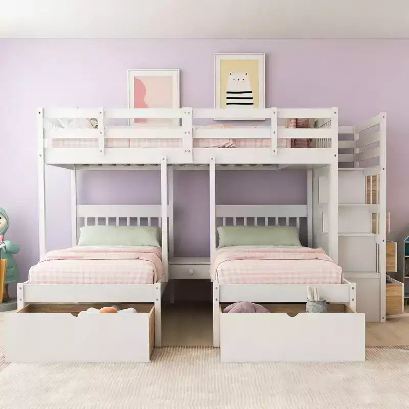 Full Over Twin and Twin Wooden Bunk Bed with 6 Drawers and Stair