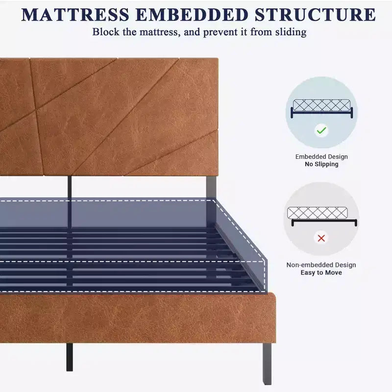 Full/Queen/King Size Upholstered Bed with Headboard, Metal Platform Bed Frame with Under Bed Storage,Antique Brown