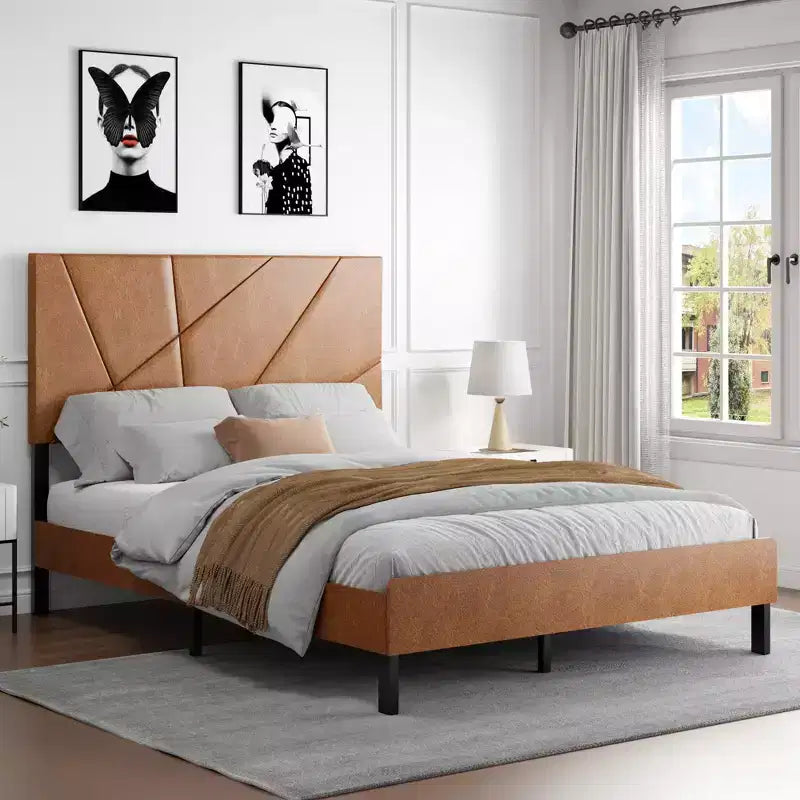 Full/Queen/King Size Upholstered Bed with Headboard, Metal Platform Bed Frame with Under Bed Storage,Antique Brown