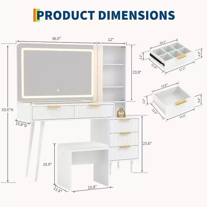 Makeup Vanity Desk, 5 Drawers, 3 Shelves, Glass Top, Bedroom Dressing Table Set, for Bedroom, Living Room