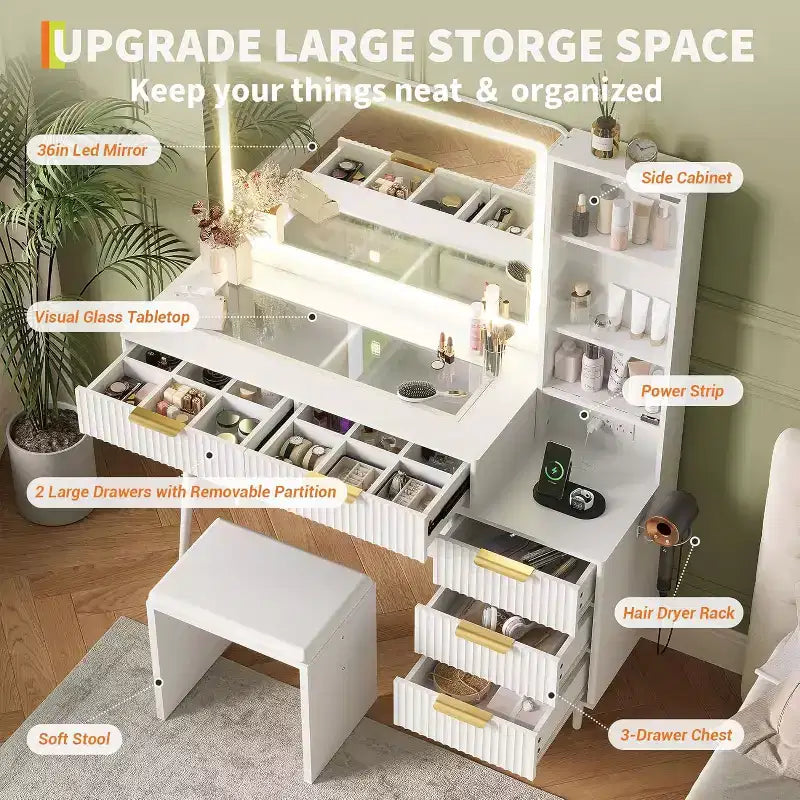 Makeup Vanity Desk, 5 Drawers, 3 Shelves, Glass Top, Bedroom Dressing Table Set, for Bedroom, Living Room