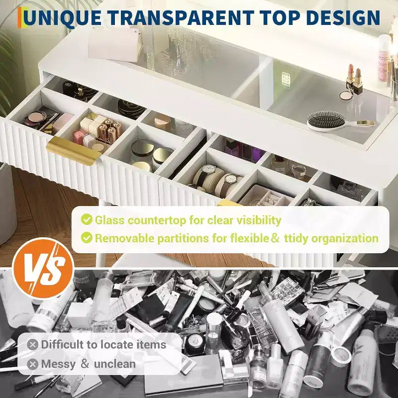 Makeup Vanity Desk, 5 Drawers, 3 Shelves, Glass Top, Bedroom Dressing Table Set, for Bedroom, Living Room