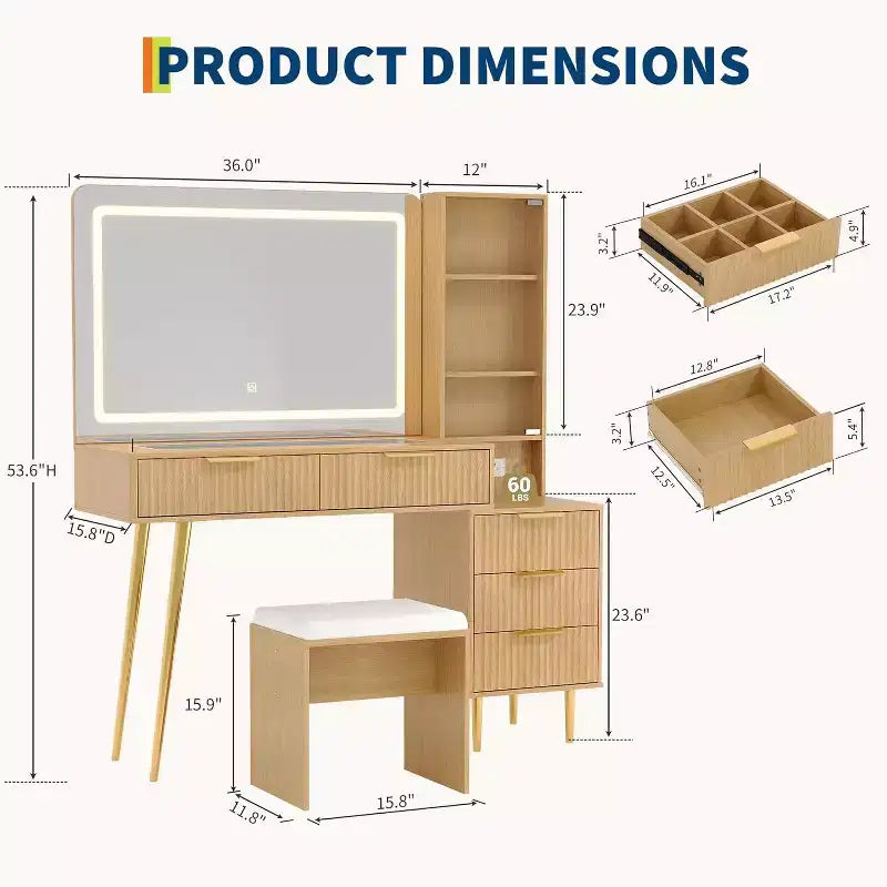 Makeup Vanity Desk, 5 Drawers, 3 Shelves, Glass Top, Bedroom Dressing Table Set, for Bedroom, Living Room
