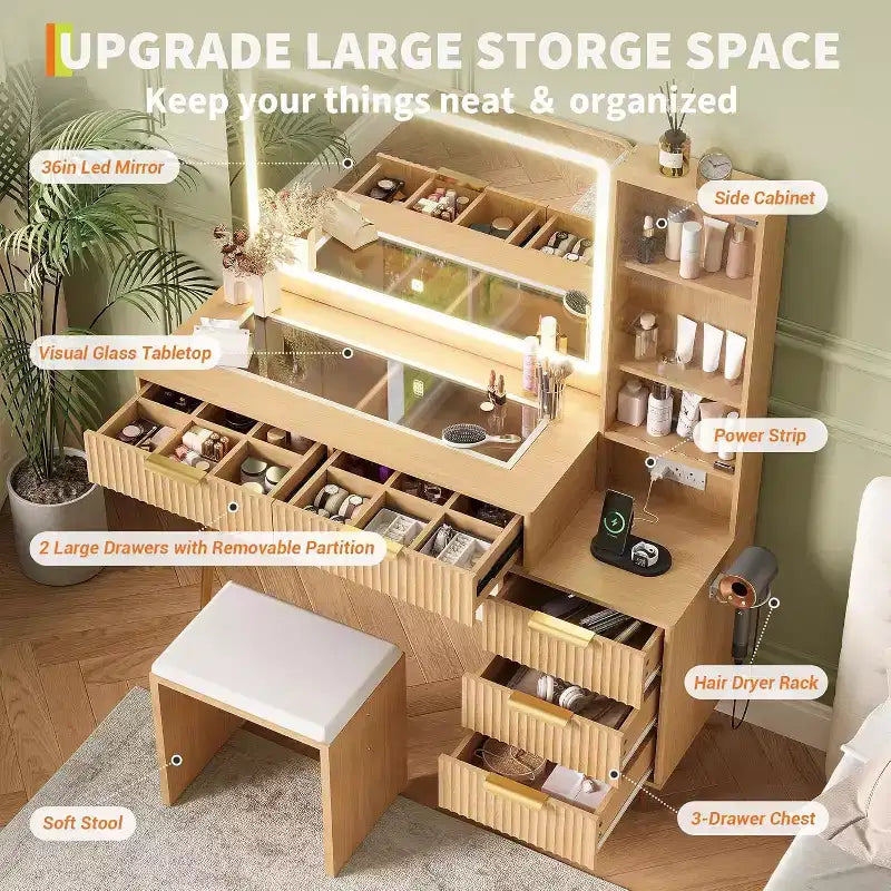 Makeup Vanity Desk, 5 Drawers, 3 Shelves, Glass Top, Bedroom Dressing Table Set, for Bedroom, Living Room