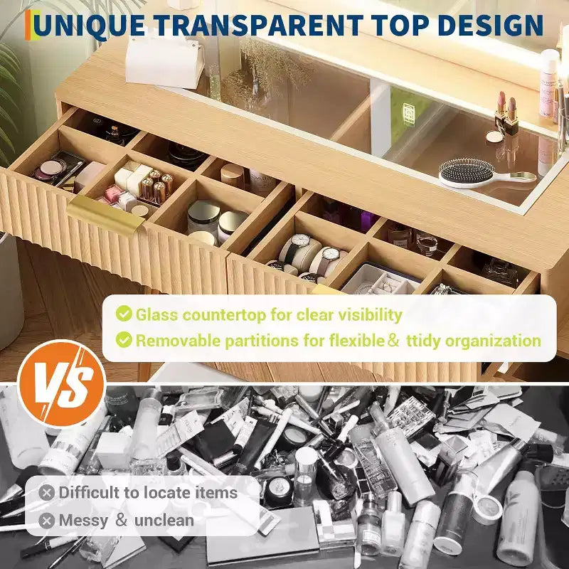 Makeup Vanity Desk, 5 Drawers, 3 Shelves, Glass Top, Bedroom Dressing Table Set, for Bedroom, Living Room