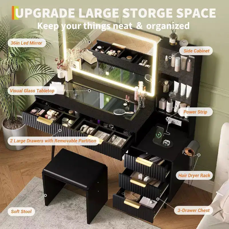 Makeup Vanity Desk, 5 Drawers, 3 Shelves, Glass Top, Bedroom Dressing Table Set, for Bedroom, Living Room