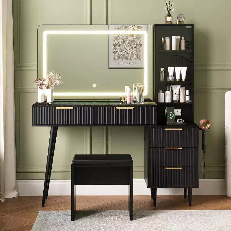 Makeup Vanity Desk, 5 Drawers, 3 Shelves, Glass Top, Bedroom Dressing Table Set, for Bedroom, Living Room