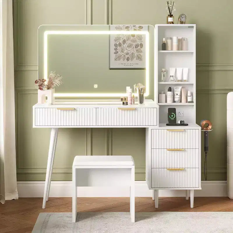 Makeup Vanity Desk, 5 Drawers, 3 Shelves, Glass Top, Bedroom Dressing Table Set, for Bedroom, Living Room