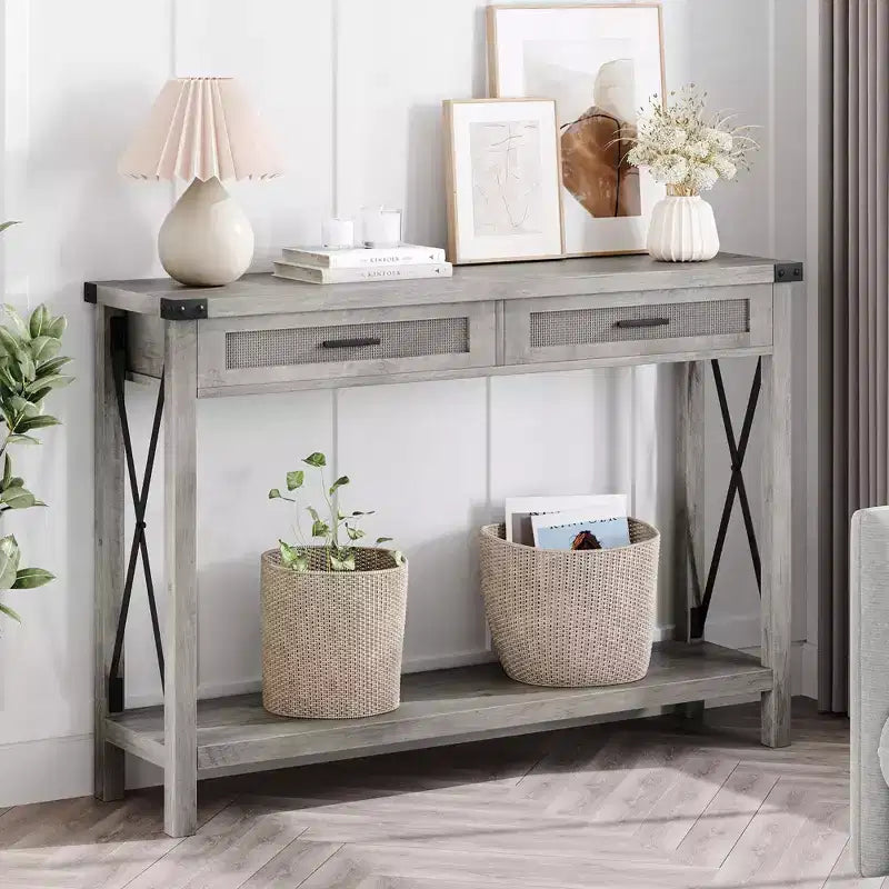 Farmhouse Entryway Table, Grey Console Table with Rattan Drawers, 43 Sofa Table with Storage, Console Tables for Entryway, Living Room, Hallway