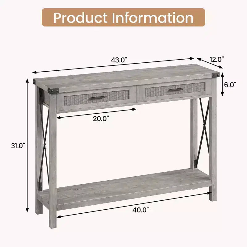 Farmhouse Entryway Table, Grey Console Table with Rattan Drawers, 43 Sofa Table with Storage, Console Tables for Entryway, Living Room, Hallway