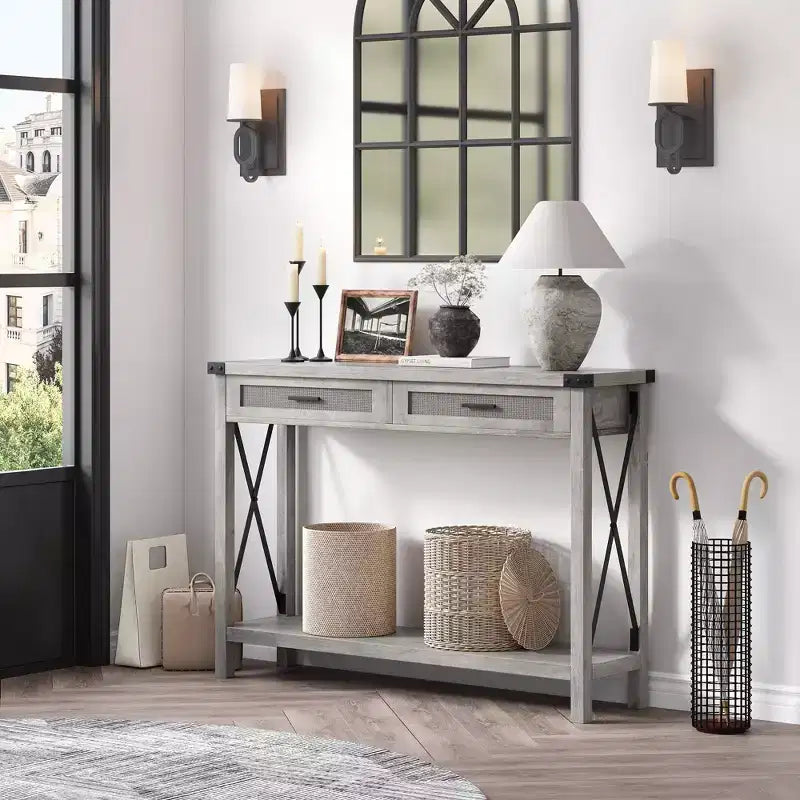 Farmhouse Entryway Table, Grey Console Table with Rattan Drawers, 43 Sofa Table with Storage, Console Tables for Entryway, Living Room, Hallway
