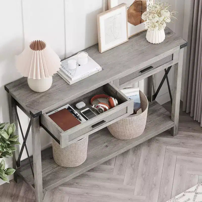 Farmhouse Entryway Table, Grey Console Table with Rattan Drawers, 43 Sofa Table with Storage, Console Tables for Entryway, Living Room, Hallway