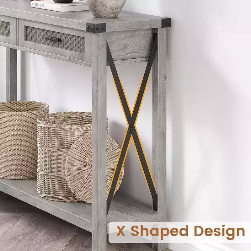 Farmhouse Entryway Table, Grey Console Table with Rattan Drawers, 43 Sofa Table with Storage, Console Tables for Entryway, Living Room, Hallway