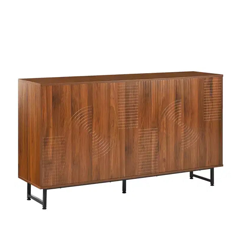 Premium Walnut Mid-Century Sideboard with Geometric Carved Doors