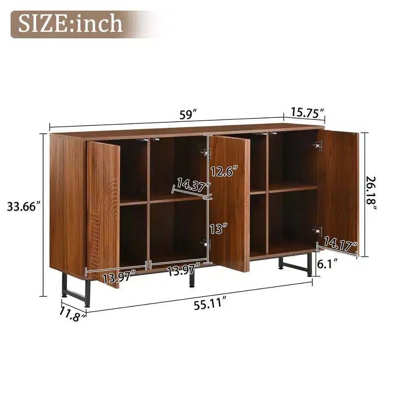 Buffet en noyer premium du milieu du siècle avec portes sculptées géométriques