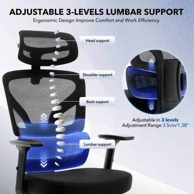 Ergonomic Desk Chair - Home Mesh Office Desk Chair with Lumbar Support, High-Back Computer Gaming Chair with Headrest, Rolling Swivel Task Chairs