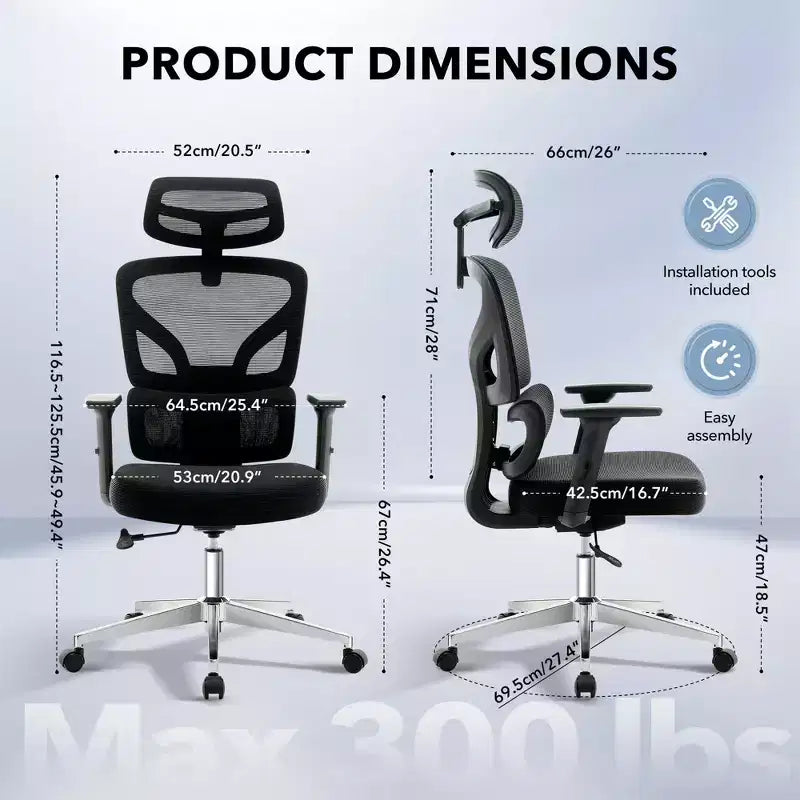 Ergonomic Desk Chair - Home Mesh Office Desk Chair with Lumbar Support, High-Back Computer Gaming Chair with Headrest, Rolling Swivel Task Chairs