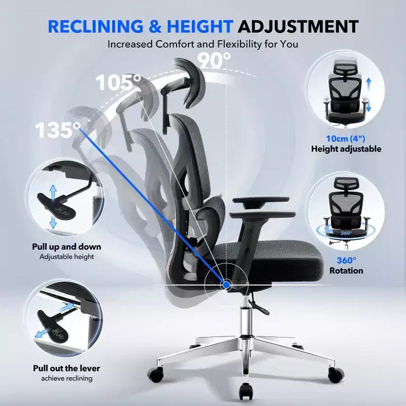 Ergonomic Desk Chair - Home Mesh Office Desk Chair with Lumbar Support, High-Back Computer Gaming Chair with Headrest, Rolling Swivel Task Chairs