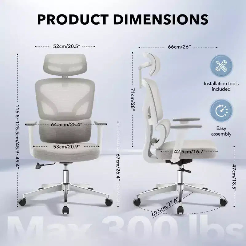 Ergonomic Desk Chair - Home Mesh Office Desk Chair with Lumbar Support, High-Back Computer Gaming Chair with Headrest, Rolling Swivel Task Chairs