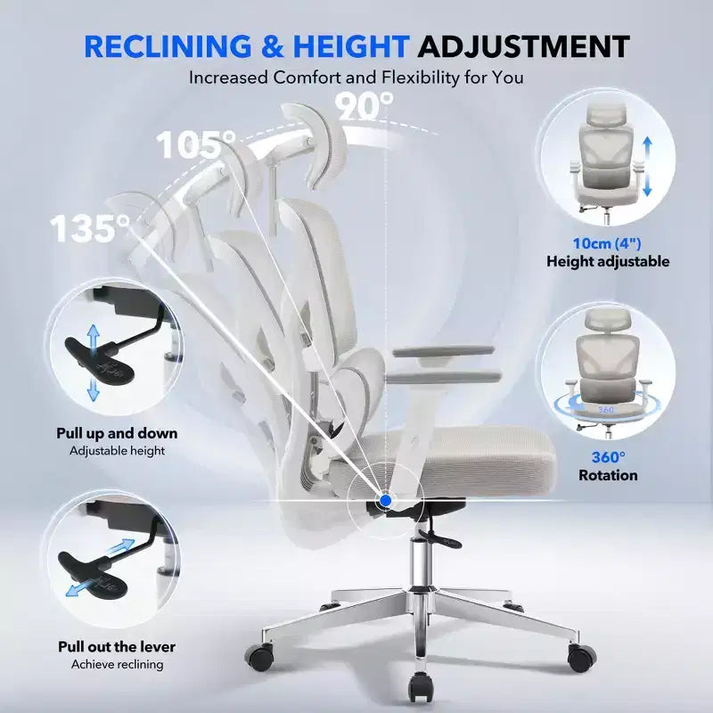 Ergonomic Desk Chair - Home Mesh Office Desk Chair with Lumbar Support, High-Back Computer Gaming Chair with Headrest, Rolling Swivel Task Chairs