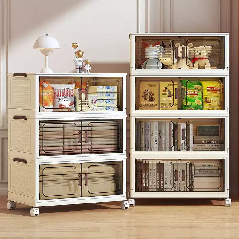 Stackable Collapsible Storage Bins, Foldable Lidded Storage Cabinet with Doors &amp; Wheels, Closet Organizer for Apartment, Home, Dorm, Office