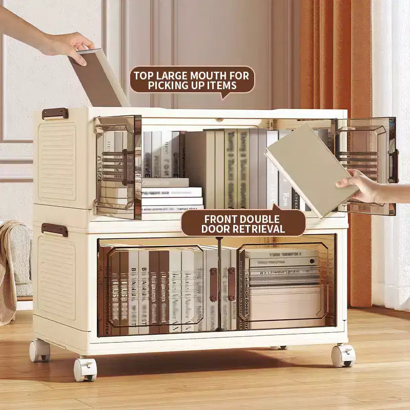 Stackable Collapsible Storage Bins, Foldable Lidded Storage Cabinet with Doors &amp; Wheels, Closet Organizer for Apartment, Home, Dorm, Office
