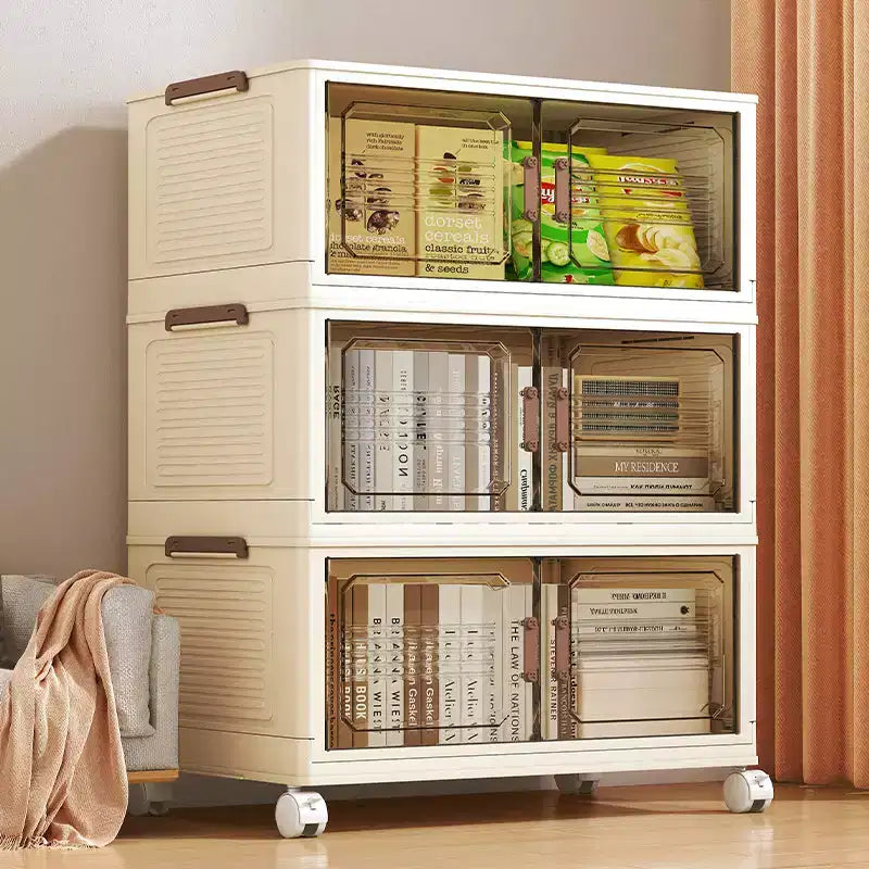 Stackable Collapsible Storage Bins, Foldable Lidded Storage Cabinet with Doors &amp; Wheels, Closet Organizer for Apartment, Home, Dorm, Office