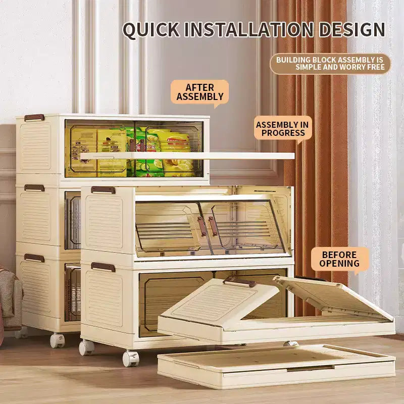 Stackable Collapsible Storage Bins, Foldable Lidded Storage Cabinet with Doors &amp; Wheels, Closet Organizer for Apartment, Home, Dorm, Office